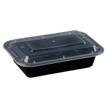 Load image into Gallery viewer, CCF 38oz PP injection plastic microwavable black rectangle food containers & lids - 150 sets/case