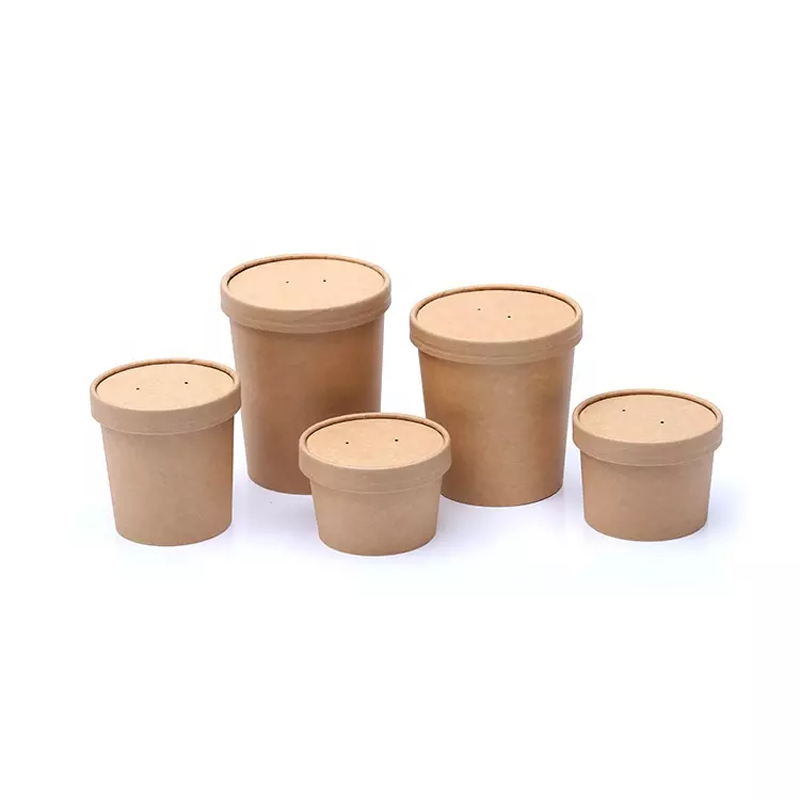 Kraft Paper Soup Containers/Bowls/Cups with Vented Paper Lids for