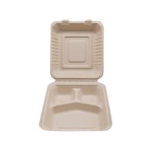 Load image into Gallery viewer, CCF 100% COMPOSTABLE Three Compartment Bagasse Molded Fiber Hinged Container  8&quot; x 8&quot; x 3&quot; - 200 Pieces/Case