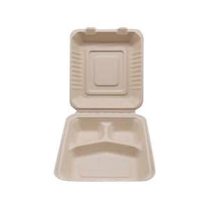 CCF 100% COMPOSTABLE Three Compartment Bagasse Molded Fiber Hinged Container  8" x 8" x 3" - 200 Pieces/Case