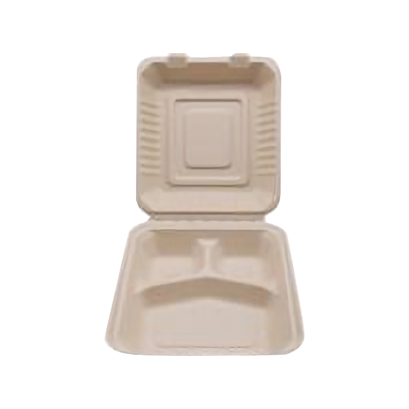 CCF 100% COMPOSTABLE Three Compartment Bagasse Molded Fiber Hinged Container  8