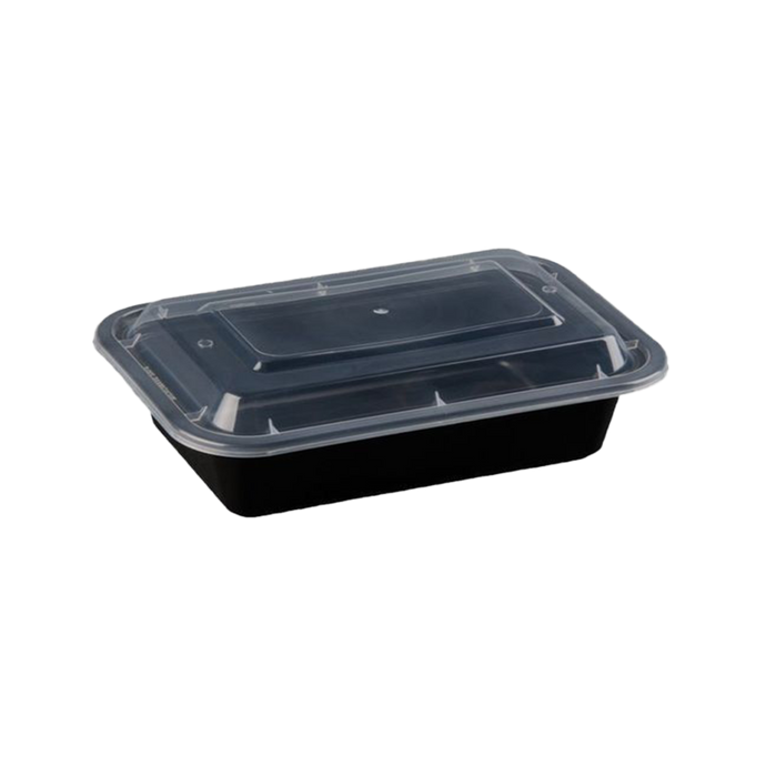CCF 28oz PP Injection Plastic Microwavable Black Rectangle Food Containers & Lids - 150 Sets/Case