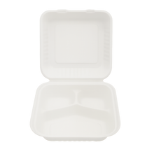 Load image into Gallery viewer, CCF Three Compartment Bagasse Molded Fiber Hinged Container 9&quot; x 9&quot; x 3&quot; - 200 Pieces/Case