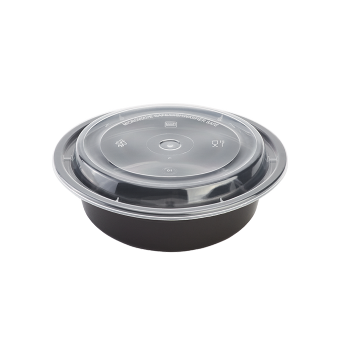 CCF 16OZ(D153MM) PP Injection Plastic Microwavable Black Round Food Containers & Lids - 150 Sets/Case