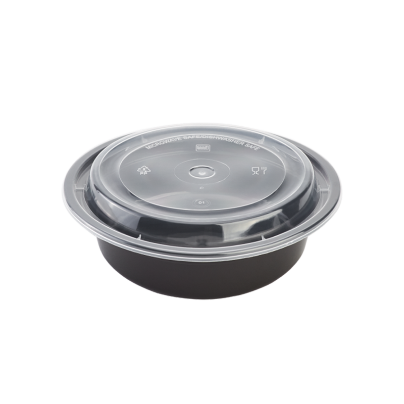 CCF 16OZ(D153MM) PP Injection Plastic Microwavable Black Round Food Containers & Lids - 150 Sets/Case