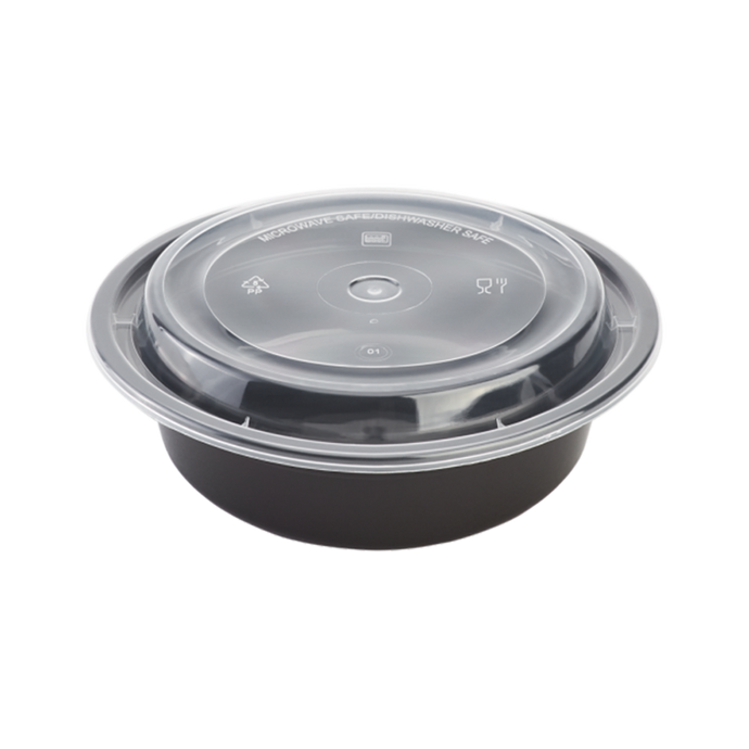 CCF 24OZ(D183MM) PP Injection Plastic Microwavable Black Round Food Containers & Lids - 150 Sets/Case