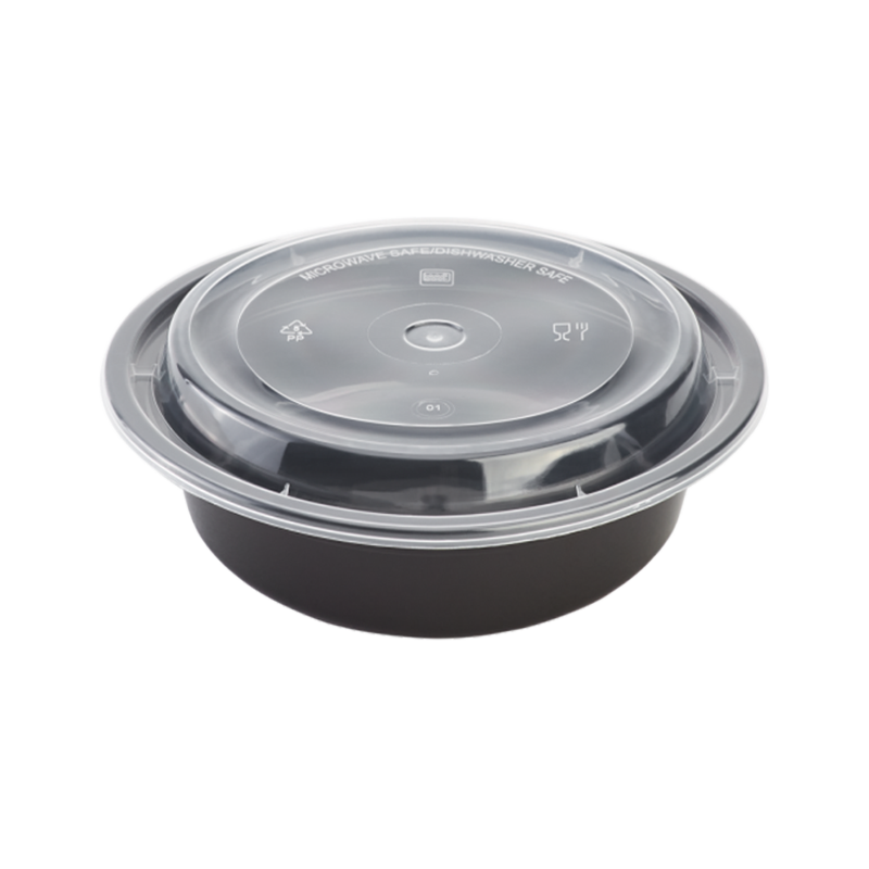 CCF 24OZ(D183MM) PP Injection Plastic Microwavable Black Round Food Containers & Lids - 150 Sets/Case