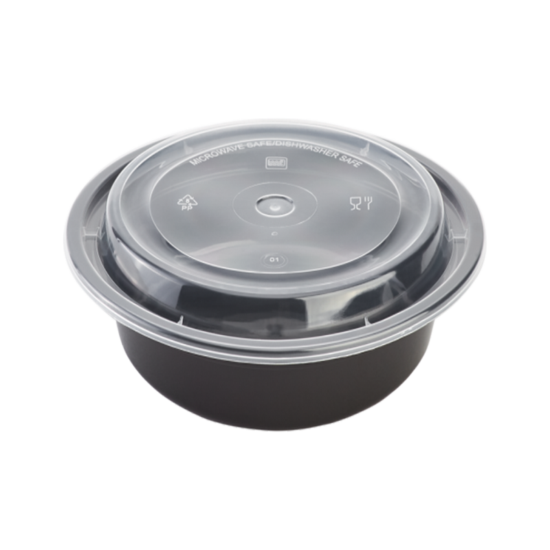 CCF 32OZ(D183MM) PP Injection Plastic Microwavable Black Round Food Containers & Lids - 150 Sets/Case