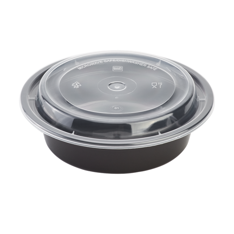 CCF 48OZ(D233MM) PP Injection Plastic Microwavable Black Round Food Containers & Lids - 150 Sets/Case