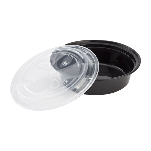 CCF 48OZ(D233MM) PP Injection Plastic Microwavable Black Round Food Containers & Lids - 150 Sets/Case