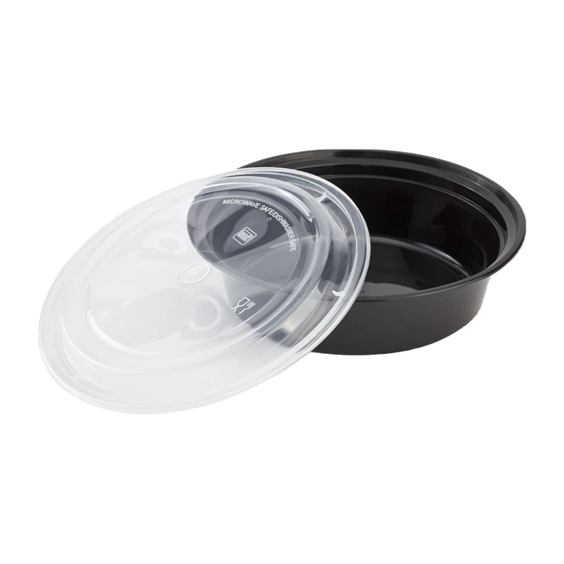 CCF 48OZ(D233MM) PP Injection Plastic Microwavable Black Round Food Containers & Lids - 150 Sets/Case